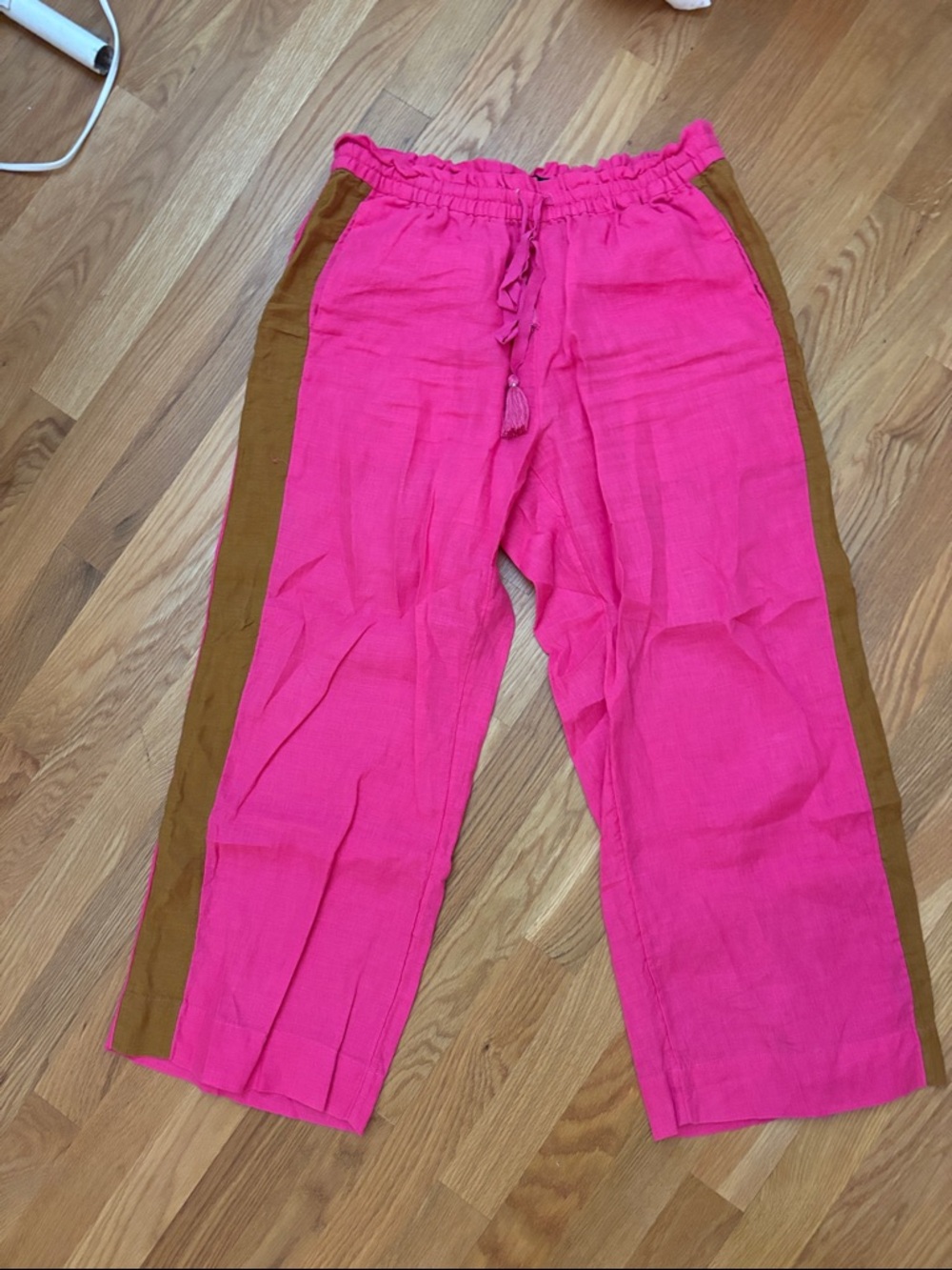 J. Crew Pink Wide-Leg Linen Pants with Brown Side Stripe